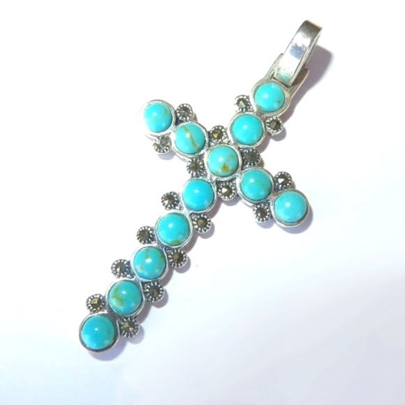 Large Sterling Silver Turquoise Marcasite Pendant - Picture 1 of 13